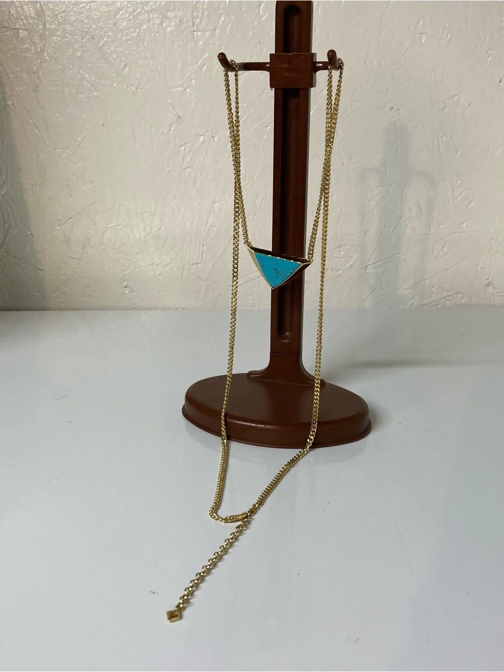 Vera Bradley Gold-Tone 3D Triangle Necklace with Turquoise Stone 17” one side